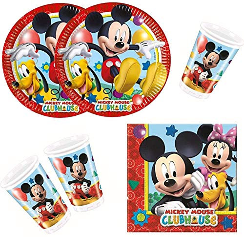 Little Flight Topolino Mickey Mouse Coordinato ADDOBBI TAVOLA Festa A Tema per 16 Bambini Topolino Kit(16 Piatti da 23 CM ,16 Bicchieri,20 TOVAGLIOLI)