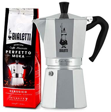 Bialetti Moka Express Caffettiera in Alluminio, Argento, 9 Tazze + Perfetto Moka, Caffè Macinato Gusto Classico, Gusto Classico - 1 x 250 gr