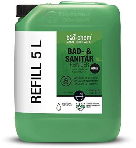 bio-chem Bad- und Sanitärreiniger - 5 Liter Kanister - Badreiniger Spray, WC-Reiniger, Kalkentferner mit Lotuseffekt, Kalkreiniger für Bad, Dusche, WC, Spülbecken u.v.m.