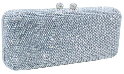 Boutique De FGG Lange Kristall Clutch Abendtasche für Damen Hochzeitstasche Party Handtasche Strass Brauttasche, Mini, Silber