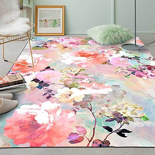 Rururug Grande Tapis de décoration Antidérapant Design Moderne intérieur Moelleux Poils Ras Moquette Salon Chambre,Motif Rose Floral Aquarelle Rectangular 200 x 300 cm