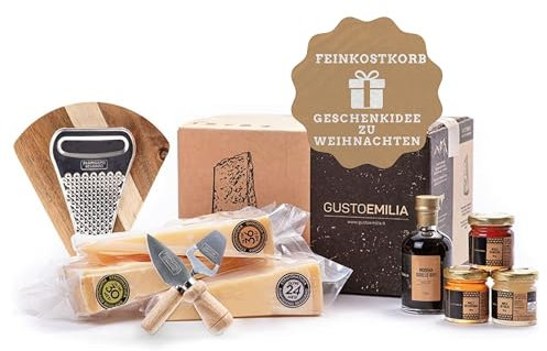 GUSTOEMILIA Gourmetkorb mit Käse, Honig und Balsamico - Gereifter Parmigiano Reggiano (3 x 500 g), Honig (3 x 50 g) und gereifter Balsamico (100 ml) - Italienischer Spezialitäten Geschenkkorb