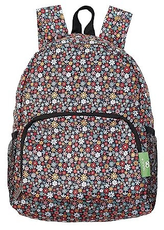 ECO CHIC leichter faltbarer Mini-Rucksack | Robuster, wasserabweisender Rucksack | Lässt sich zur Aufbewahrung in einen Beutel falten (Kleine Blumen Schwarz)