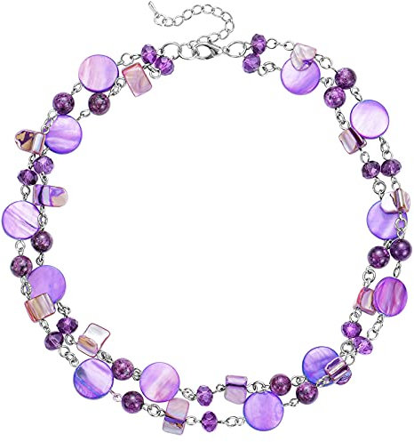 FULU AUTUMN Short Shell Beaded Layered Necklace Silver Pearl Chunky Statement Necklace Turquoise Costume Jewellery for Women Mothers Day Gift(Purple)