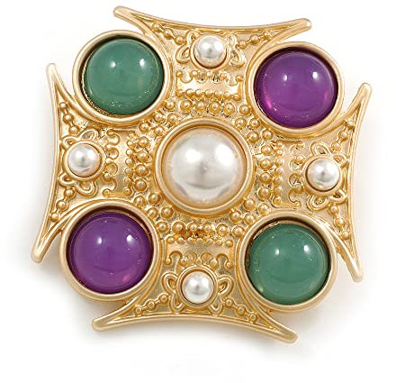Avalaya Broche carrée texturée en perles en métal doré clair/vert/violet/blanc – 40 mm de diamètre