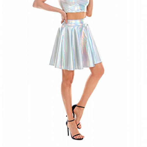 JZK Talla L Falda Skater de Mujer Plateada Brillante Grande, Falda Corta Metálica Futurista para Niñas, Mini Falda para Crossdresser, Disfraz de Soldado Bonito de Anime para Cosplay Halloween