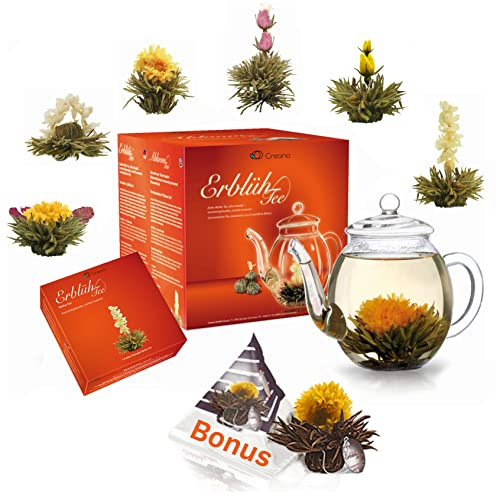 Creano Teeblumen Geschenkset - Erblühtee mit 500ml Glaskanne & 6x Weißer Tee + Teelini Schwarztee Bonuskugel - 8 teilig