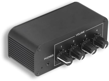 Ultra Low Noise Stereo Mixer, 4 Stereo Kanal Mini Audio Mixer, Mini Stereo Mixer mit RCA Eingang und Ausgang, 3,5 MM Stereo Klinke Kopfhörerverstärker für Mikrofon Gitarre Bass