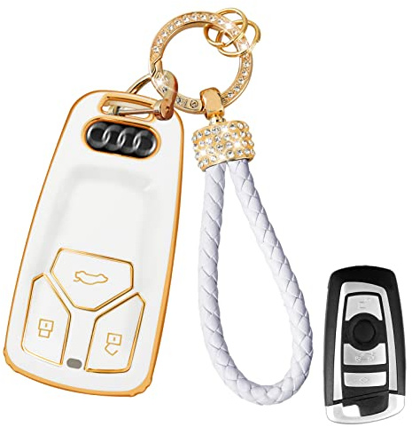 TTCR-II Yumzeco Silicone TPU Autoschlüssel Hülle Cover, 3 Tasten Autoschlüssel Cover Kompatibel mit A4 B9 A5 A6L S4 S5 S7 8W Q7 4M TT TTS RS, Auto Keyless Smartkey Schutzhülle mit Schlüsselbund Weiß