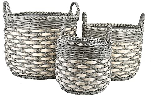dasmöbelwerk Pflanzkörbe Blumenkörbe Pflanzgefäß Gartenkorb Polyrattan 3er Set grau-gestreift