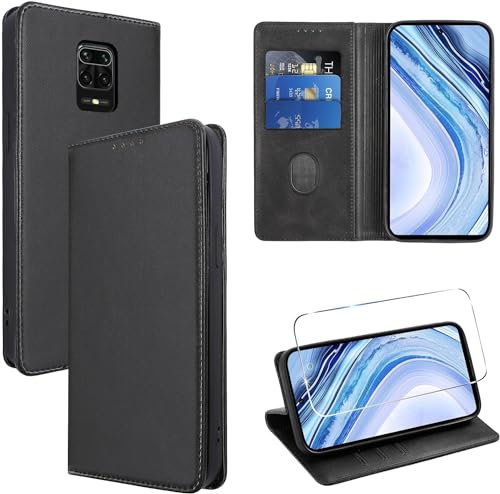 Vauki Coque Cuir pour Xiaomi Redmi Note 9 Pro/9 Pro Max/9S 4G 6.67 avec 1 Verre Trempé Etui à Rabat en PU Porte-Cartes Portefeuille Support Flip Housse Magnétique Antichoc Anti-Rayures Case,Noir