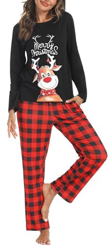 iClosam Pyjama de Noël Femme Hiver Ensemble de Pyjama Femme Coton Vêtements de Nuit Femme 2 Pièces Confortable Haut Manche Longue Bas Pyjama Femme à Carreaux S-XXL