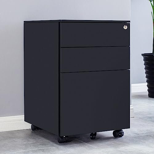 Panana Fully Assembled!Home Filing Furniture Under Desk 3Drawers Steel Lockable Mobile File Cabinet Bedside Table, Office Metal Storage Chest of Drawers(W39*D52*H60cm,Black)