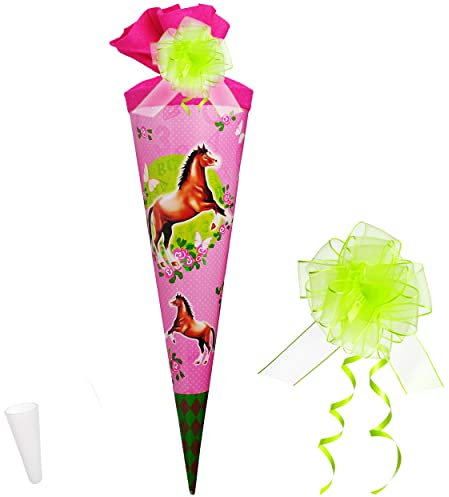 alles-meine.de GmbH Schultüte - Pferd & Blumenranken - 35 cm - rund - incl. Schleife - mit Filzabschluß - Zuckertüte - mit/ohne Kunststoff Spitze - kompatibel mit goldbuch ..