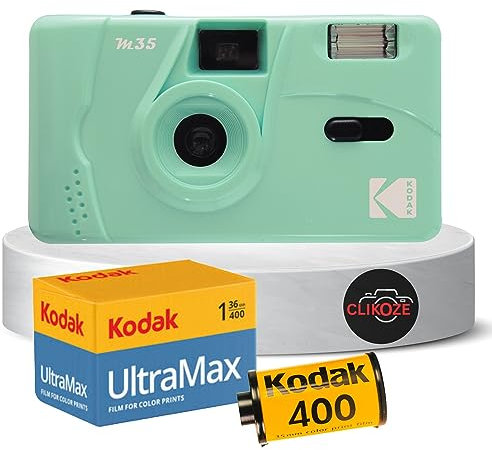 Reusable Film Camera Bundle includes Kodak M35 35mm Film Camera, Kodak 35mm film 36 exposures and Clikoze Tips Card (Mint)