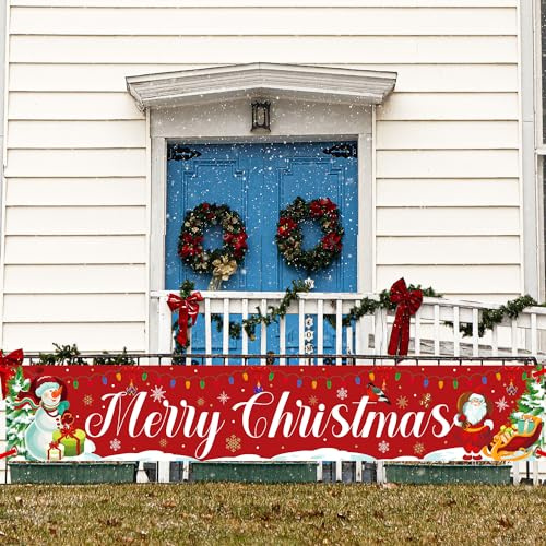 Striscione di Buon Natale, Grande Banner di Buon Natale Pupazzo di Neve Albero di Natale Cartello da Cortile Banner Decorazioni Natalizie per Cortile Giardino Portico Prato
