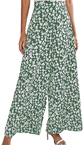 Frühlings Und Sommer Baggy Outdoorhose Palazzo Hose Damen Elegant Lässig Wide Leg Hosen Mit Druck Weites Bein High Waist Locker Leicht Elegante Relaxhose Elastische Taille Jogginghose (Green, M)