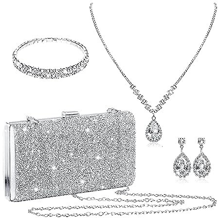 Jamron Damen Strass 4 Stücke Schmuck und Clutch Set für Hochzeit Prom Abend Party SN0708187 Set-A