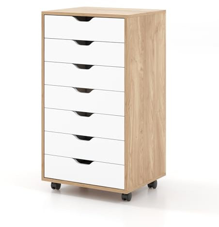 COSTWAY Mobile File Cabinet, 5/7 Drawers Lateral Stationery Storage Organiser Chest with Wheels, Home Office Printer Stand Side Filing Cupboard (Natural + White, 7 Drawers)