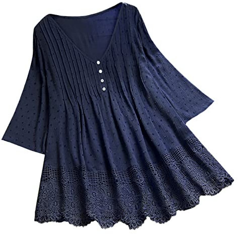 Générique 2024 Plan Frauen Vintage Drei Viertel Spitze V-Ausschnitt Große Größe Top T-Shirt Bluse Anzüge Weiß, marine, 50