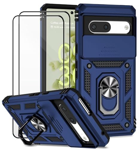 Dechyi Coque pour Google Pixel 7a avec Verre TrempéLentille Coulissante Couverture Support d’Anneau Rotatif Armor Silicone Étui Antichoc Housse Bumper- Bleu