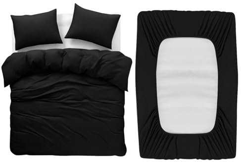 BedLooms 4 Piece Double Bedding Set Black Duvet Cover Sets Fitted Sheet with Pilow cases Double Duvet Set Soft and Fade Resistant Brushed Microfiber Bedding Quilt Cover Set