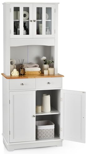 COSTWAY Alacena de Cocina, Aparador con 2 Puertas de Vidrio Templado, 2 Cajones, 3 Estantes Ajustables, 1 Estante Abierto, Armario Cocina Blanco, 68 x 40 x 170 cm (Blanco)
