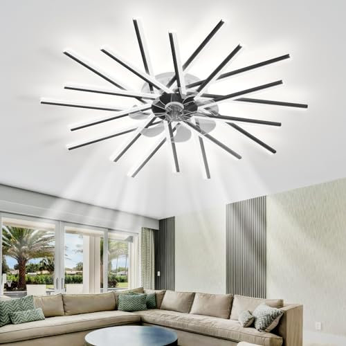 Ventilateur Plafond Avec Lumiere Mémoire Dimmable LED Salon Lustre Ventilateur De Plafond 6 Vitesses Timer Réversible Luminaire Ventilateur Plafonnier Avec Télécommande Et APP-Black||100CM