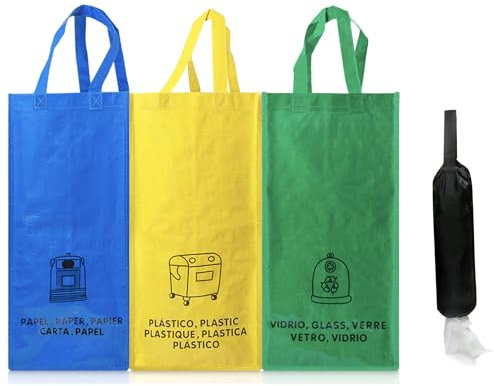 KALENDIA Cubos Reciclaje Compactos y Económicos - Incluye Bolsa para Almacenar Bolsas de Plástico - Ideal Papelera Reciclaje 3 Compartimentos, Bolsas Reciclaje para espacios pequeños