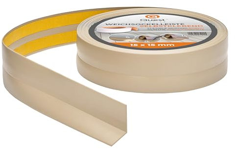 Quest Plinthe Souple Autoadhésive - 15 mm x 15 mm - Bande de finition en PVC pour cuisine, salle de bain - Bande d'étanchéité - Flexible, Etanche, Décorative (Beige, 25m)