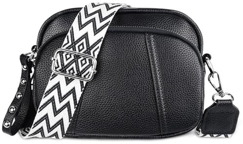 Jangostor Crossbody Bag Damen Breiter Gurt Leder Umhängetasche Damen Handtasche Damen Crossbody mit 3 Reißverschlussfächern und 2 Abnehmbar Schultergurt Schwarz Kleine Umhängetasche für Damen