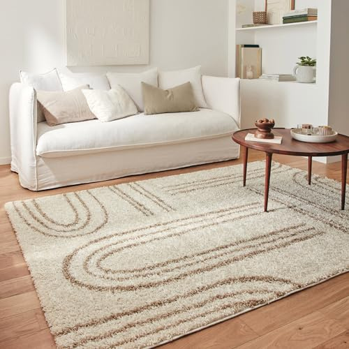 Nazar Moderner Shaggy-Teppich, Creme, Braun, Langflor, geometrisches Muster, Wohnzimmerteppich, Bogen (1068 Beige, 120 x 160 cm)