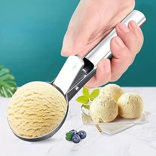 CHEFZOCO Cuchara de helado, Sacabolas Helado, Cuchara bolas helados, Cucharón de helado con gatillo, Accesorios de cocina, Apto Lavavajillas, 5 cm diámetro bola, Acero inoxidable