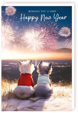 Happy New Year Card - Westie Dogs Watching a Firework Display - Made in the UK - Eco-Friendly
