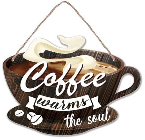 SUPERDANT Kaffeebar Deko Schild Holz Wanddekoration Plakette Bauernhaus Küchendeko Kaffee Wärmt Die Seele Für Kaffeebar Holz Kaffeekultur Schild Für Küche Wohnzimmer Zuhause Wird mit Schnur Hanfseil