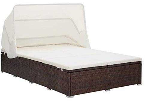 Homgoday Sonnenliege mit 2 Sitzplätzen und Kissen aus braunem Polyrattan, Gartenmöbel, Sonnenliege für den Garten