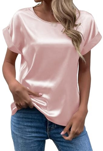 OutFyt Maglia Donna Estiva Camicetta in Raso da Donna, Maglietta Estiva A Maniche Corte per Donna, Scollo Tondo, Tinta Unita, Casual, per Uscire, Ufficio, Lavoro, Rosa, L