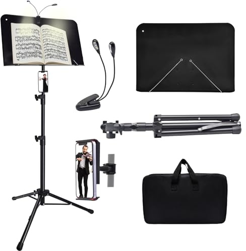 Sheet Music Stand with Light and Phone Holder, 57 Portable Music Stand for Sheet Music High Stability, Height Adjustable Music Stands with Carrying Bag(33-57inch, Plate without hole)