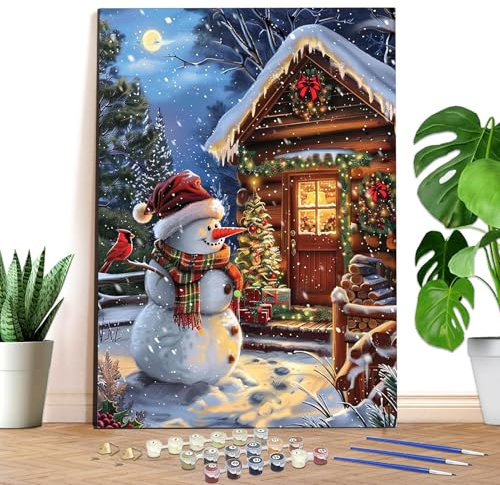 Reofrey - Bonhomme de neige Peinture Numero Adulte Peinture Enfants | Noël Peinture par numéros Kits | Set Peinture Acrylique DIY avec pinceaux | 40x50 cm sans Cadre