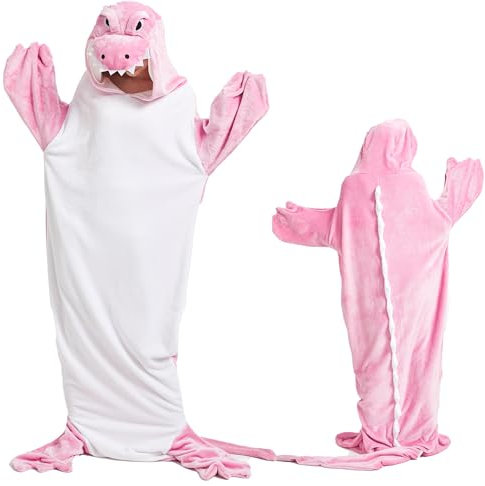 SASIGAYA Krokodil Kuscheldecke Rosa Flanell Tragbare Decke mit Kapuze Geschenke für Damen Sofadecke Flauschig Sherpa TV-Decke Fleecedecke Weich Wohndecke Winterdecke Plüsch Schlafanzug Einteilig M