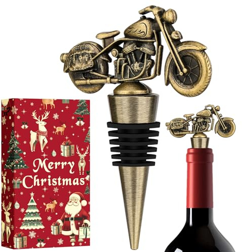 LKKCHER Weihnachts Geschenke Motorrad Weinflaschenverschluss, Weihnachts Geschenke für Männer Papa Motorrad Fans, Weihnachts Motorrad Geschenke, Bronze mit Weihnachtsverpackung und Weihnachtskarte