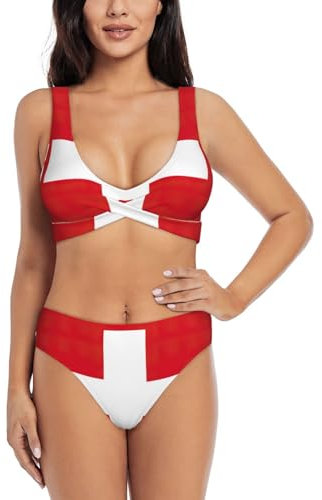 Maillot de bain deux pièces taille haute imprimé drapeau suisse pour femme, bikini triangle à coupe haute, Noir , XXL