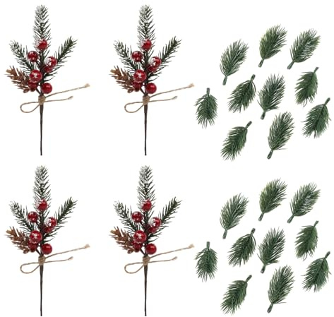 Paquete de 30 ramas de abeto artificiales con 4 bayas rojas, ramas de abeto artificiales, para decoración de Navidad, guirnaldas y cajas de regalo
