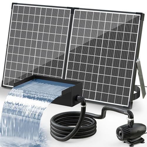 POPOSOAP 55 W Solar-Springbrunnenpumpe mit Teich-Wasserfallbox, 304 Edelstahl, Teich-Wasserfall-Überlauf, Teich-Überlauf mit 2,5 m PU-Wellschlauch für Gartenwasserfall, Wasserspiele P5552