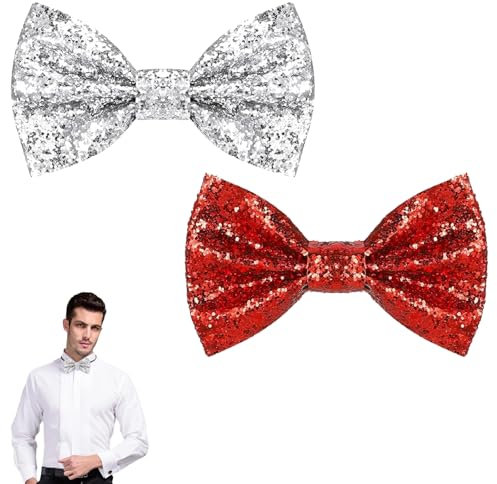 YNR 2 Stücke Glitzer Fliege Herren, Fliege mit Pailletten, Herren Pailletten Fliegen, Glitzernde Paillettenfliege für Hochzeit Party, Karneval, Fasching (Silber, Rot)