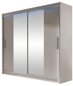 Mirjan24 Kleiderschrank London II mit Spiegel und RGB LED Beleuchtung, Schwebetürenschrank, Modernes Schlafzimmerschrank 180x215x58cm, Garderobe (Cashmere)