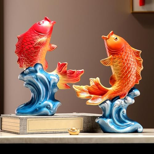 JDZYFFS Skulpturen Statue - Home Decoration Ornaments, Porzellan Rote Fisch Welle Figur Koi Karpfen Statuen Tischskulptur, Keramik Meerestier Wohndekor, Kunstfigur Schreibtisch Küchendekoration(B)