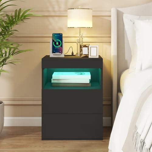 YOURLITE Bedside Table with 2 Drawers, Modern Bedside Cabinet with Charging Station and LED Lights, Nightstand with Pull-Out Tray, Bed Cabinet Chest of Drawers Living Room Bedroom Black