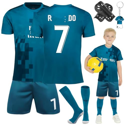 Fussball Trikot Kinder Set, #7 Heimtrikots/Auswärtstrikots Trikot Jungen,Fussball T-Shirt Shorts, Football socken, Knieschützer Set und Fußbälle Jersey Schlüsselanhänger