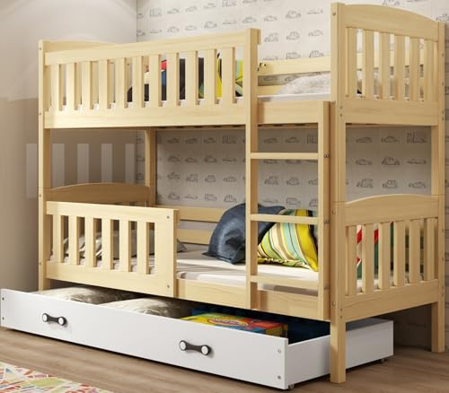 Interbeds Etagenbett 190x90 cm Hochbett Stockbett mit Schublade Holzbett Kiefernholz Kinderbett Jugenbett mit Lattenrost und Rausfallschutz (Naturton, 190x90)